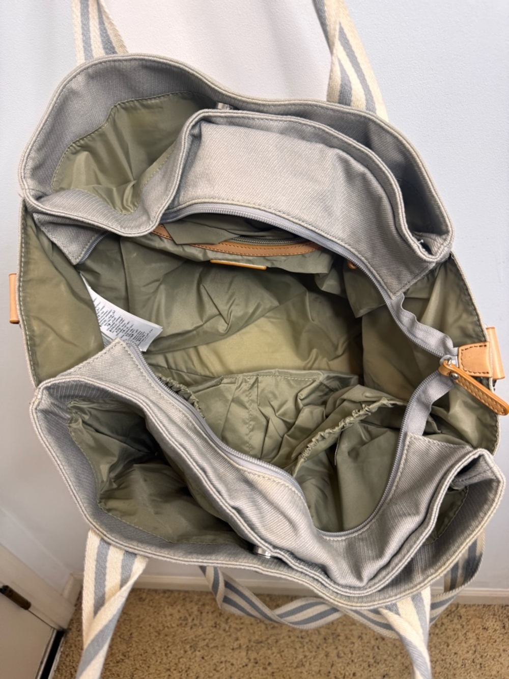 Pottery Barn Kids Gray Canvas Stripe Tote with Tan Leather Trim - Picture 3 of 6